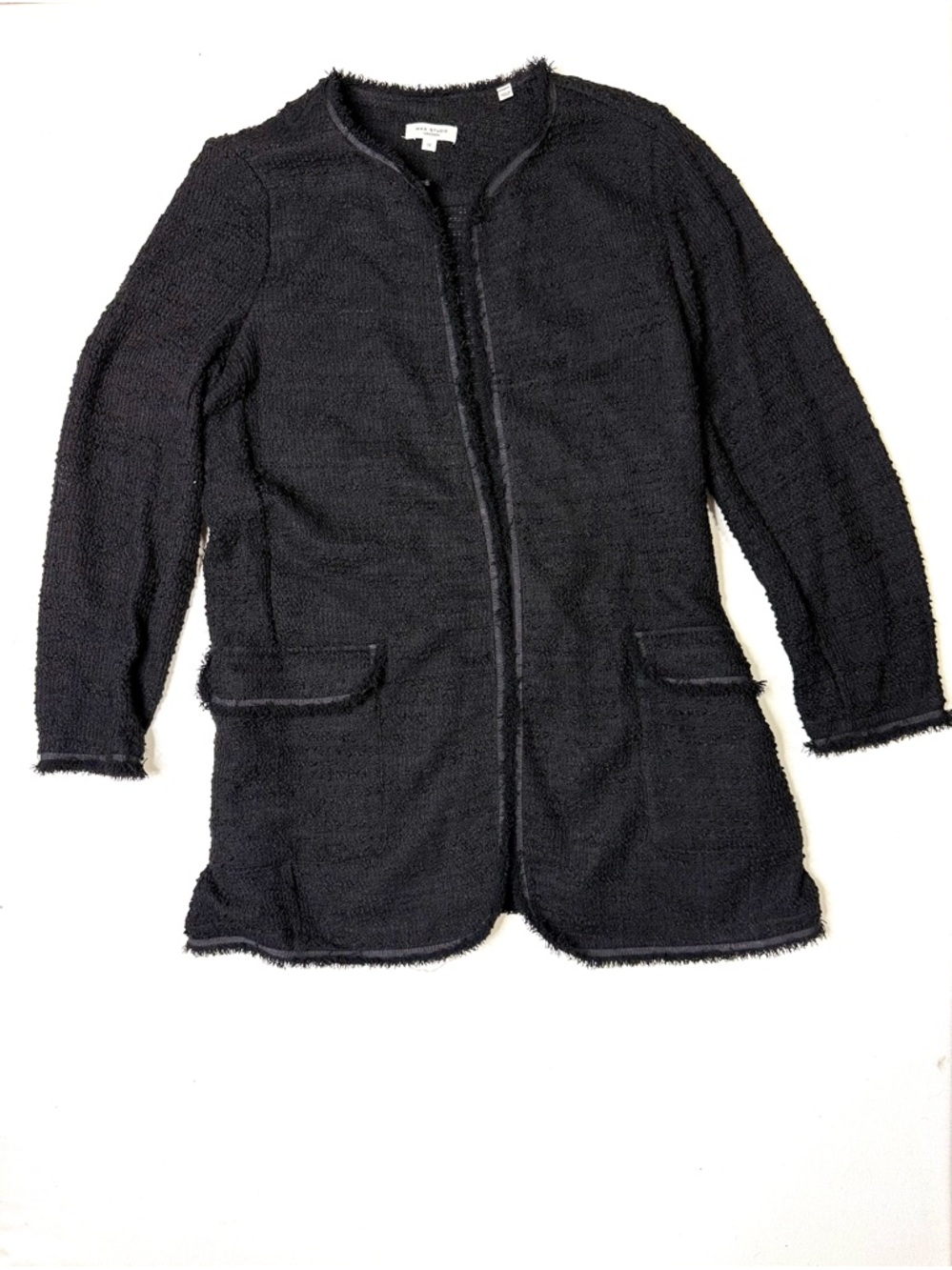 Max Studio Black Bouclé Open-Front Fringe Tweed Jacket Size 1X